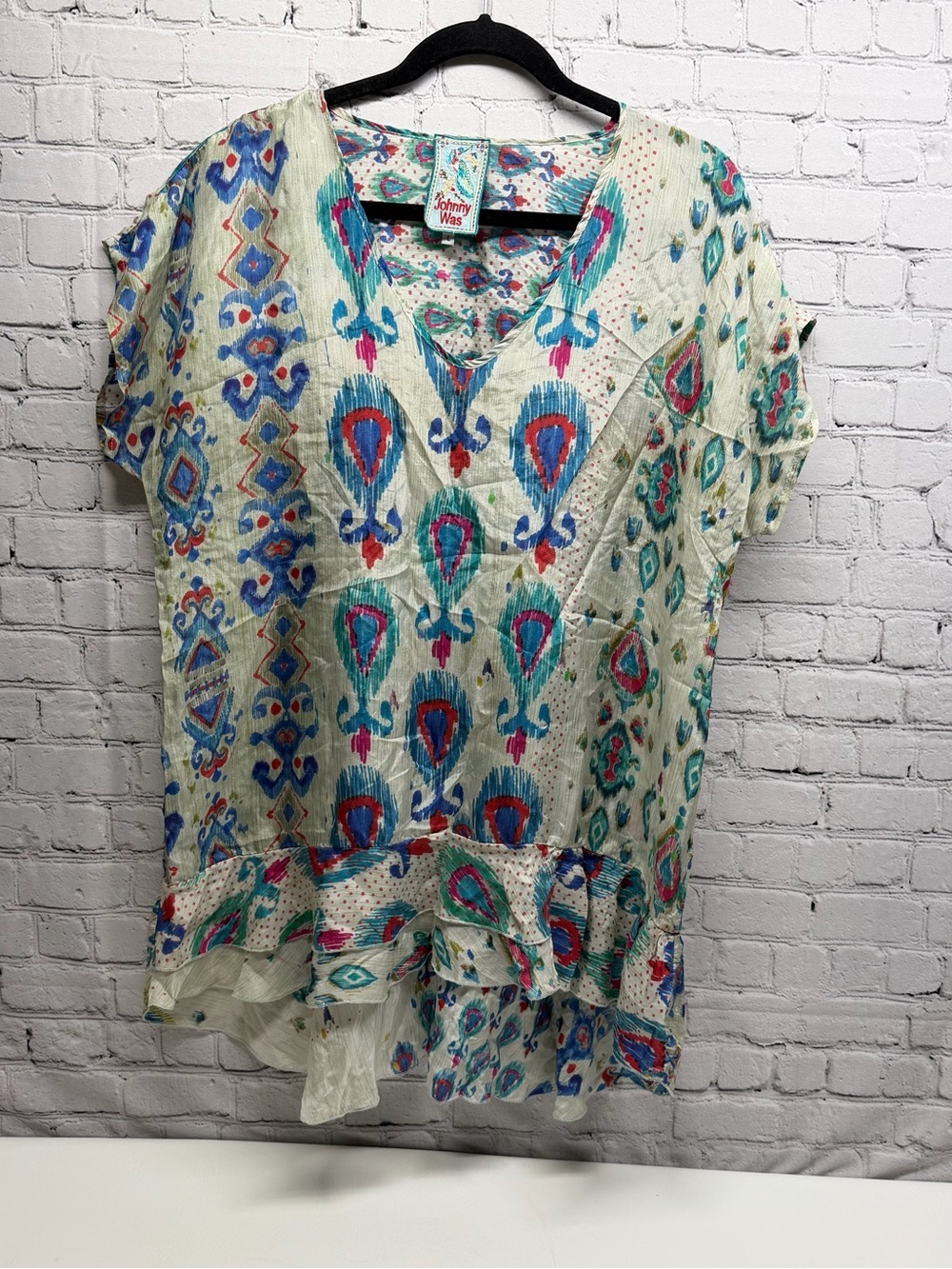 Johnny Was Cream Multicolor Ikat Print Short Sleeve Tunic size L